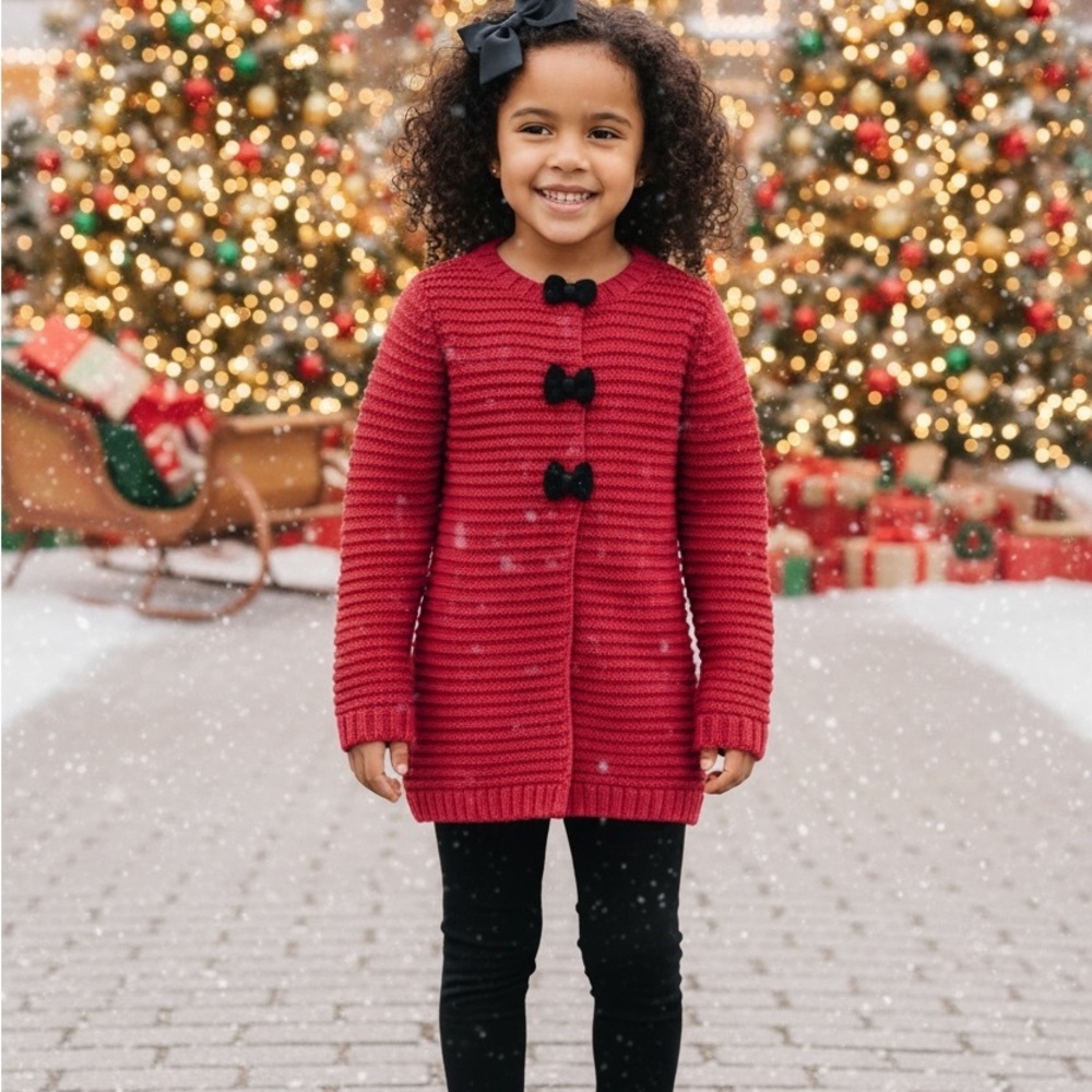 Tahari Kids Red Knit Bow Front Cardigan Coat Girls 5 6 Holiday Sweater